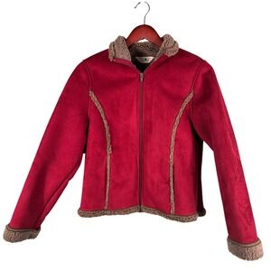 LL Bean Jacket Women Small Red Suede Sherpa Lining Floral Embroidered Coat